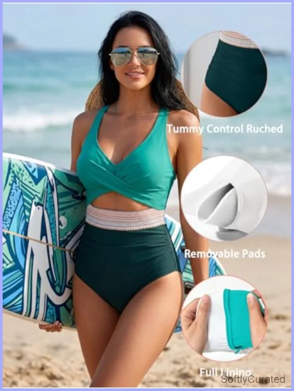 Tummy Control One Piece Swimsuit V Neck High Waisted Cutout Swimwear